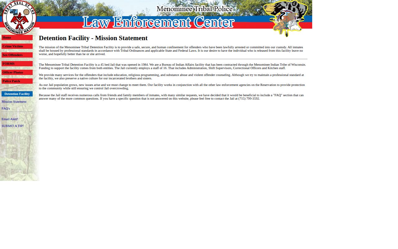 Keshena Menominee Tribal Detention Facility booking records source