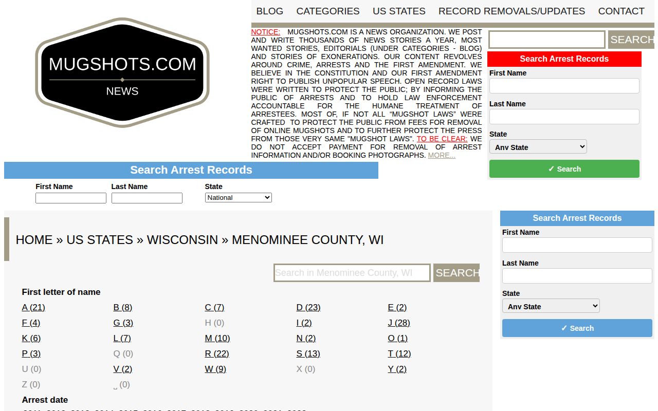 Menominee County secondary mugshot index shown only as an unofficial historical source