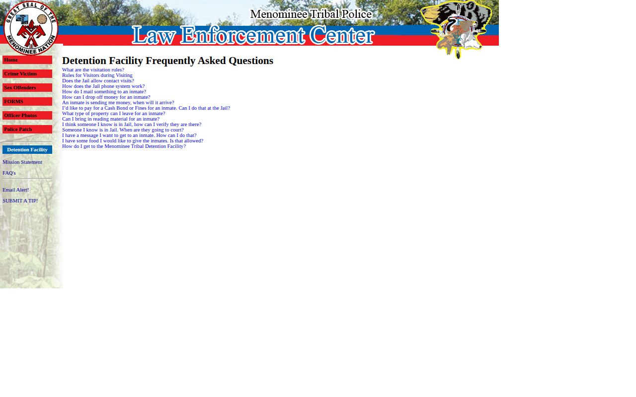 Menominee County tribal facility custody verification record source