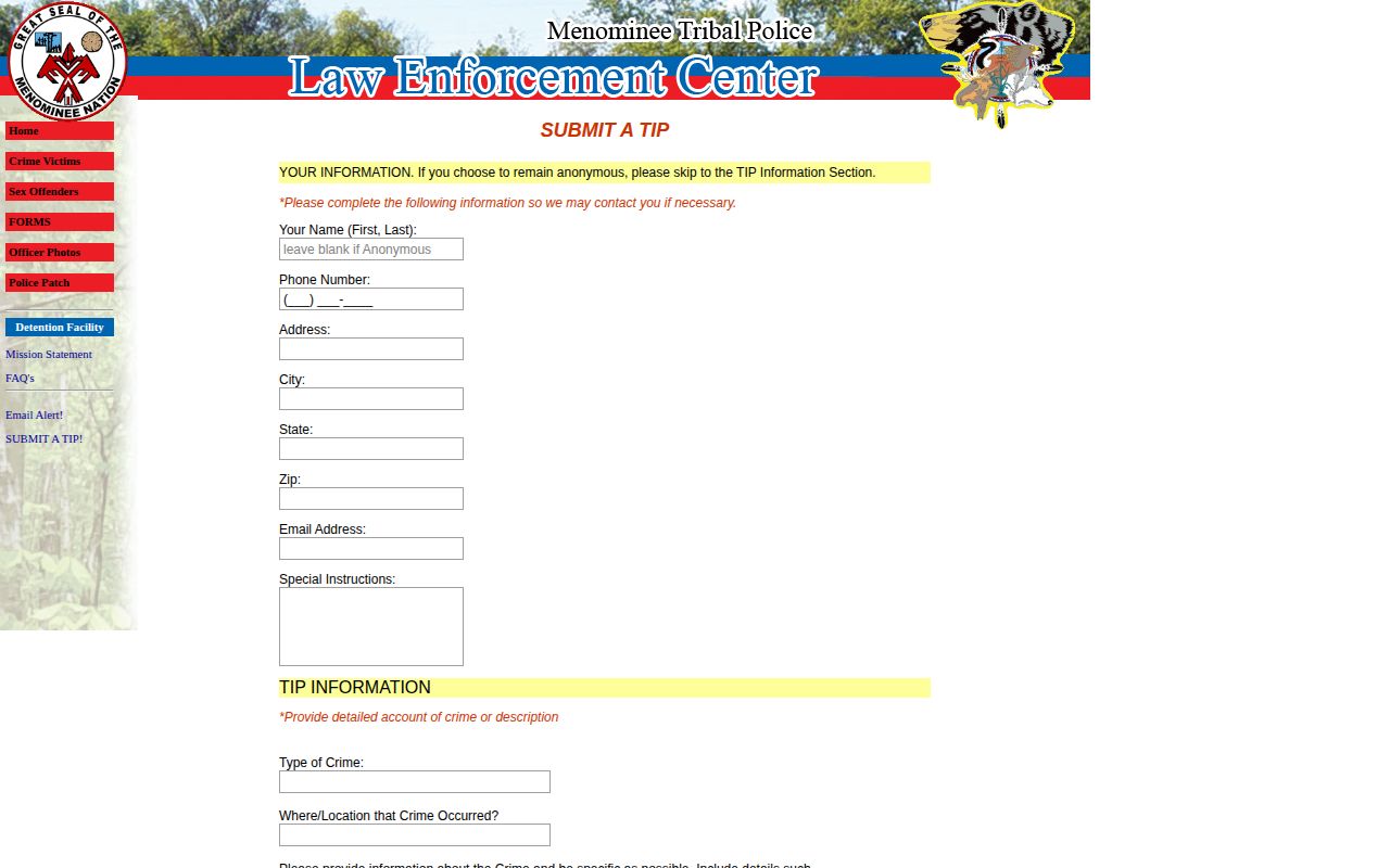 Menominee Tribal Police tip form for safety information, not a wanted list